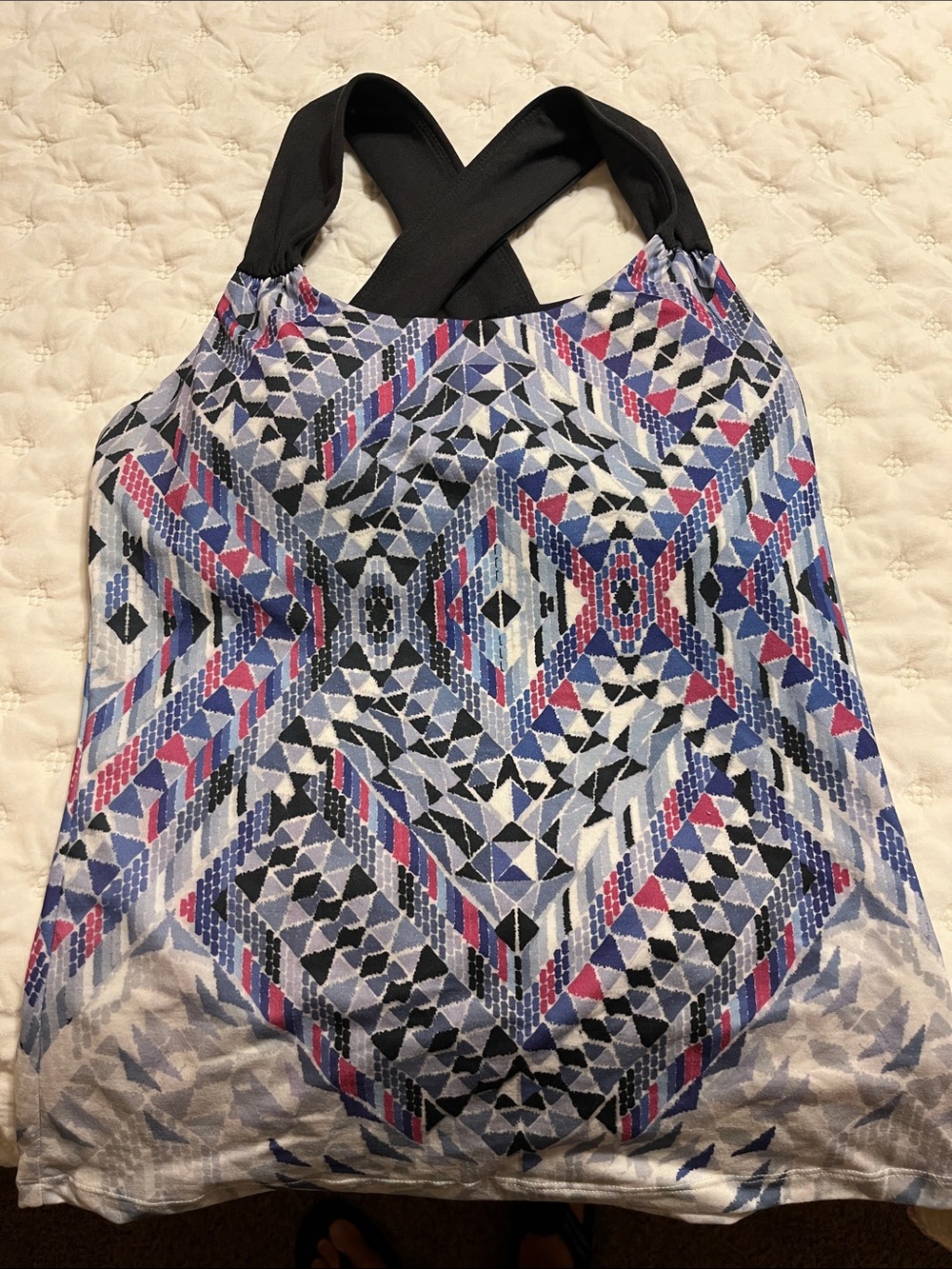 Prana Geometric Cross-Back Tank in Blue, Pink and Black